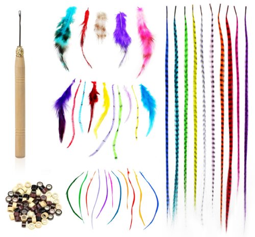 Shany Cosmetics Feather Hair Extension Kit - 8 Ounce (100 Piece Feather Hair - Hook - Beads - Feather Grizzly Solid Mix All-In-One)