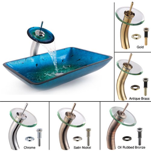 Kraus C-GVR-204-RE-10SN Irruption Blue Rectangular Glass Vessel Sink and Waterfall Faucet, Satin Nickel