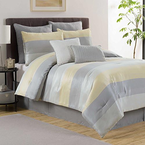 Hudson Elegant Luxury Striped Quilted Patchwork Jacquard Yellow/Grey Bedding 8 Piece Bed in a Bag Comforter Set, TWIN
