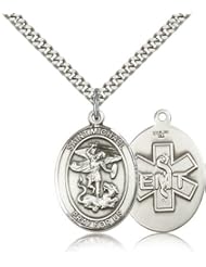 .925 Sterling Silver Saint St. Michael The Archangel / Emt Pe 1/2 x 1/4 Inches Police Law Officers/EMTs-9075- Comes with a SS Lite Curb Chain Neckace And a Black velvet Box