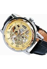 Voberry&reg; Classic Men's Leather Dial Skeleton Mechanical Sport Army Wrist Watch (Gold) (Brown)