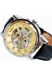 Voberry&reg; Classic Men's Leather Dial Skeleton Mechanical Sport Army Wrist Watch (Gold) (Brown)