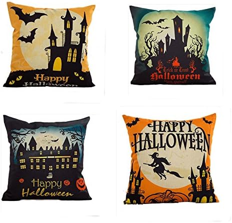 Rich Too 4-Pack Happy Halloween Cotton Linen Square Burlap Decorative Throw Pillow Case Cushion Cover Bat Pumpkin (Halloween Set A)