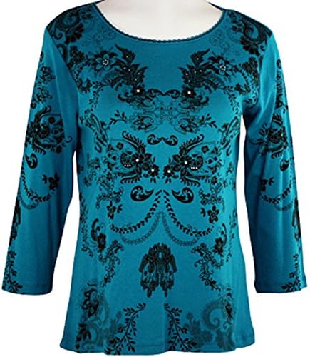Katina Marie - Scrolls &amp; Flowers, Rhinestones, Scoop Neck Teal Top
