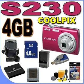Nikon Coolpix S230 10MP Digital Camera w/3x Optical VR Zoom (Gloss Red) BigVALUEInc Accessory Saver 4GB EL10 Battery/Charger Bundle