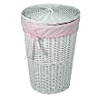 Round White Wicker Hamper With Pink Gingham Liner