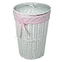 Round White Wicker Hamper With Pink Gingham Liner