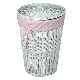 Round White Wicker Hamper With Pink Gingham Liner by Badger Basket