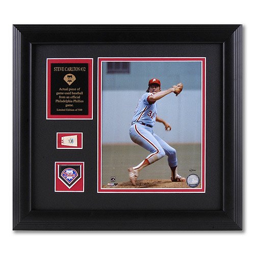 Philadelphia Phillies Steve Carlton 8X10 Framed Photo With Game-Used Baseball Piece & Medallion By Mounted Memories