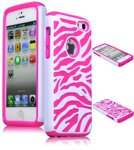 Bastex Heavy Duty Hybrid Case for iPhone 5c - Hot Pink Silicone / White Zebra Print Hard Shell