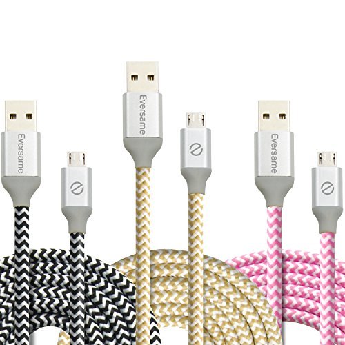 Eversame BC70871 6ft 1.8m Premium Nylon Braided Micro USB Cable with Aluminum Shell for Select Models, Black white and Pink, Pack of 3