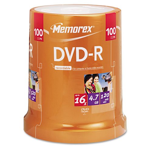 Memorex DVD-R Discs, 4.7GB, 16x, Spindle, Silver, 100/Pack