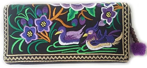 Flower Bird Purple Hill Tribe Wallet Money Bag Embroidered Hippie Wristlet