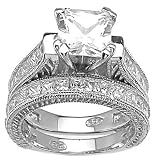 Genuine Cassis (TM) 925 Sterling Silver Rhodium Finish CZ Princess Engagement Set Ring. (Available in sizes 5 - 9). 100% Satisfaction Guaranteed.