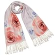 Hand Painted Coral Rose 100% Pashmina Cashmere Tassel Ends Long Scarf Shawl - Blue