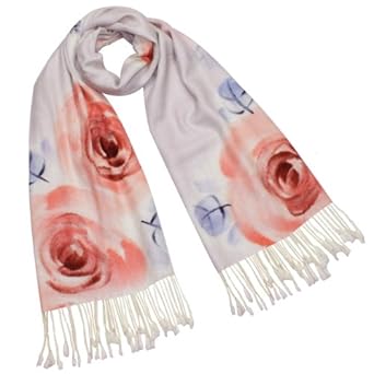 Hand Painted Coral Rose 100% Pashmina Cashmere Tassel Ends Long Scarf Shawl - Blue