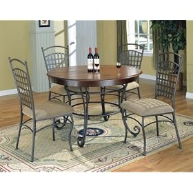 5pc Antique Brown Wood and Metal Round Dining Table w Lattice Back Chairs Set by visiondecor Furniture