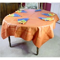 Carmagnole Tone on Tone Coated Orange French Tablecloth 65 by 100 inches with 6 napkins