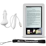 Slim High Quality Durable Silicone Skin Case Customer Made For Barnes & Noble Nook eBook Reader (White) + Includes a 4-Inch eBigvalue Determination Hand Strap + Easy Travel Car Charger