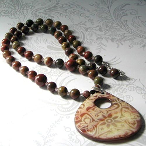 Jasper Beaded Necklace with Large Shell Pendant and Sterling Silver Findings
