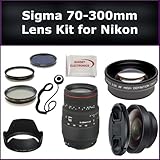 Sigma 70-300mm f/4-5.6 APO DG Macro Autofocus Lens Kit for Nikon AF-D Includes: Sigma 70-300mm Lens, 0.45X Wide Angle Lens, 2X Telephoto Lens, Lens Cap, Lens Hood, Lens Cap Keeper, 3 Piece Filter Kit (UV-FLD-CPL) and Microfiber Cleaning Cloth
