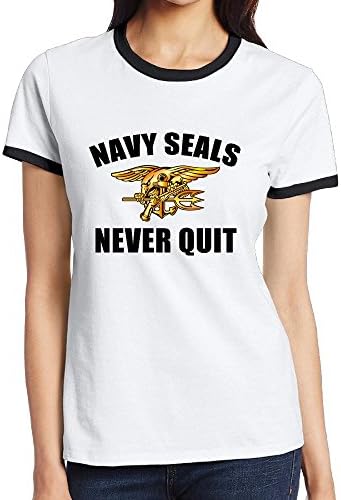 Women's Us Navy Seals Never Quit Short Sleeve Contrast Ringer Tee Shirt