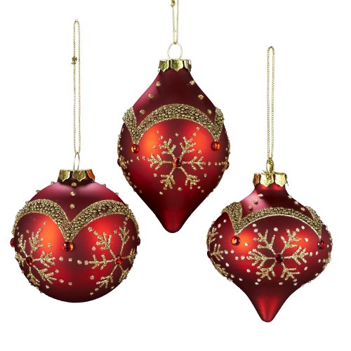Kurt Adler Glass Snowflake Pattern Ornament, 80mm, Set of 3, Red/Gold Kurt Adler Glass Snowflake Pattern Ornament, 80mm, Set of 3, Red/Gold