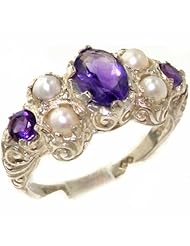 Luxury Solid 9K White Gold Natural Amethyst & Pearl Victorian Statement Ring - Finger Sizes 4 to 12 Available