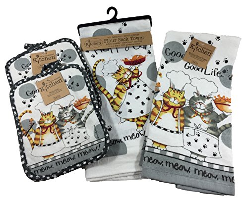 Kitchen towel set - 4 piece happy cat - 1 terry towel, …