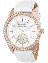 Badgley Mischka Womens BA/1316WMRG Swarovski Crystal Accented Rose Gold-Tone White Croco-Grain Leather Strap Watch