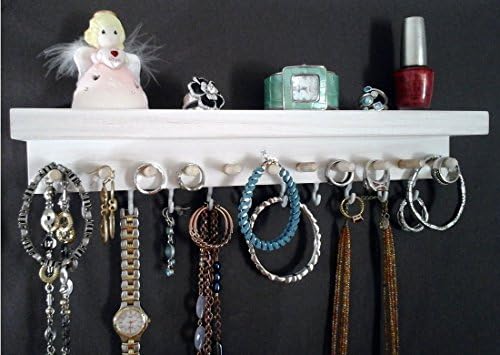 Jewelry Organizer Wall Mount Jewelry Holder with Shelf. Necklace, Earring, Bracelet, Bangle, Ring Holder. Weathered White Wood. Hardwood Pegs and Vinyl Coated Hooks.