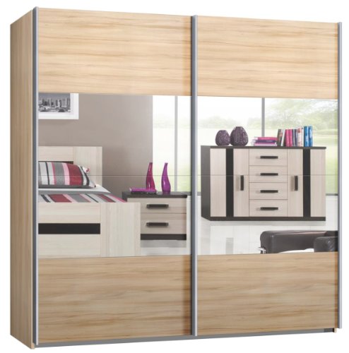 Schwebetürenschrank, Schiebetürenschrank, ca. 225 cm, Buche mit Spiegel, Kleiderschrank