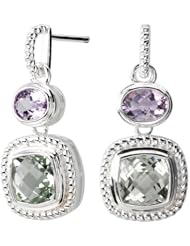 925 Sterling Silver Round Rope Design Pink & Green Amethyst Dangle Earrings