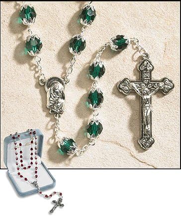25 Inches Long, Ave Maria May Emerald, 6 X 8 Mm Double Capped Crystal Bead Birthstone Rosary, 1.75" Crucifix