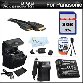 8GB Accessories Kit For Panasonic Lumix DMC-LX7, DMC-LX5 Digital Camera Includes 8GB High Speed SD Memory Card + Extended Replacement (1700 maH) DMW-BCJ13 Battery (WITH INFO CHIP!) + AC/DC Travel Charger + Mini HDMI Cable + Case + Screen Protectors + More