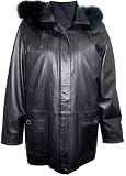 5003 Genuine Black Soft Supple Light Lambskin Leather New 3 4 Half Coat Parka Laydown Collar Zip Front Double Placket Closure Zip Off Hood Fox Trim Draw String Lined - ZIP OUT FAKE FUR VELOUR LINER - Multi Stitches Petite Regular Plus Size