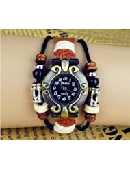 KANO BAK(TM) Vintage Wrap Around Press ButtonKANO BAK(TM) Vintage Wrap Around Leather Retro Weave Wrap Quartz Bracelet Woman UnisexWoman Unisex Bead Gift Watch(Black face)