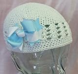 Piper Bow Children's Crochet Hat (Newborn to 9 months, White Hat/Blue & White Bow)