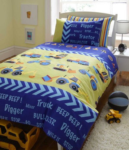 Boys Kids Double Duvet Cover Bedding Blue Green Diggers