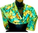 Artisanstreet's Green & Gold Hand Painted Silk Scarf. Features Shades of Green, Gold and Turquoise Blue in Mottled Design. Hand Rolled Hem. One of a Kind. Signed By Artisan.