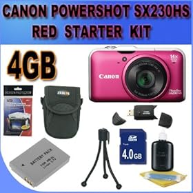 Canon PowerShot SX230HS SX230-HS 12 MP Digital Camera with HS SYSTEM and DIGIC 4 Image Processor (Red/Pink) Starter Bundle 4GB Memory Card, NB5L Battery, Card Reader, Carrying Case, Mini Tripod And More!!!!