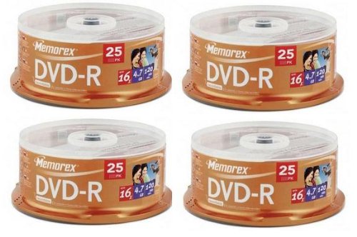 Memorex (4) 25PK 16X 4.7GB DVD-R Total of 100 DVDs