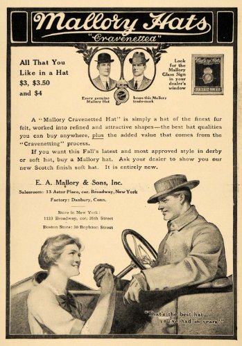1911 Ad Mallory Hats Scotch Clothing Apparel Fashion Vehicle Style Price NY Felt - Original Print Ad