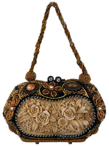 Engraved Rose Garden Beaded Hard Case Frame Evening Handbag Purse