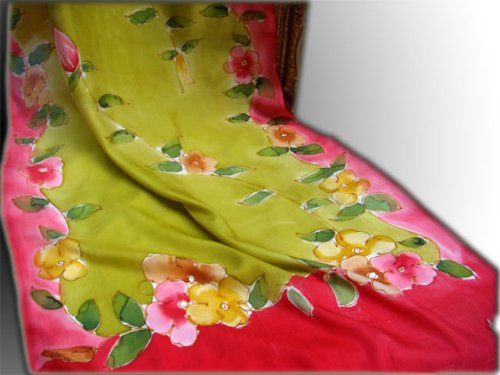 Hand Printed, Oblong Silk Scarves Shawls Women's 