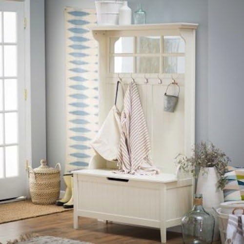 White Entryway Hall Tree with Mirror Coat Hooks and Storage Bench