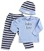 Baby : Elegant Baby Chocolate w/ blue dots 3-piece fashion set; legging, long sleeve tee and cap, large 6-12 months