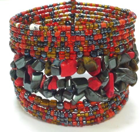 2-6 Day Delivery- Multiple Colors Available, Including Metallic Colors Handmade Flower Stone Beaded Balinese Bracelet or Necklace Multi Strand Glass Beaded Jewelry with Semi-Precious Stones Trendy Unique Design Modern Indonesian Fashion Accessory from Bali (Cuff Bracelet, Red Grey Brown)