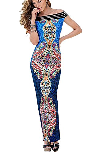 NORAME Women's Maxi Dress Boho Floral Chiffon Bateau Long Dress (L, As Picture)