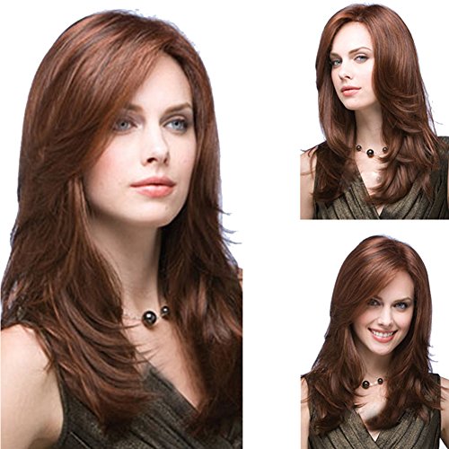YX Women s Elegant Medium Length Curly Hair Wig Natural Hair Wig Synthetic Wig 55CM 22"(Wine Red )